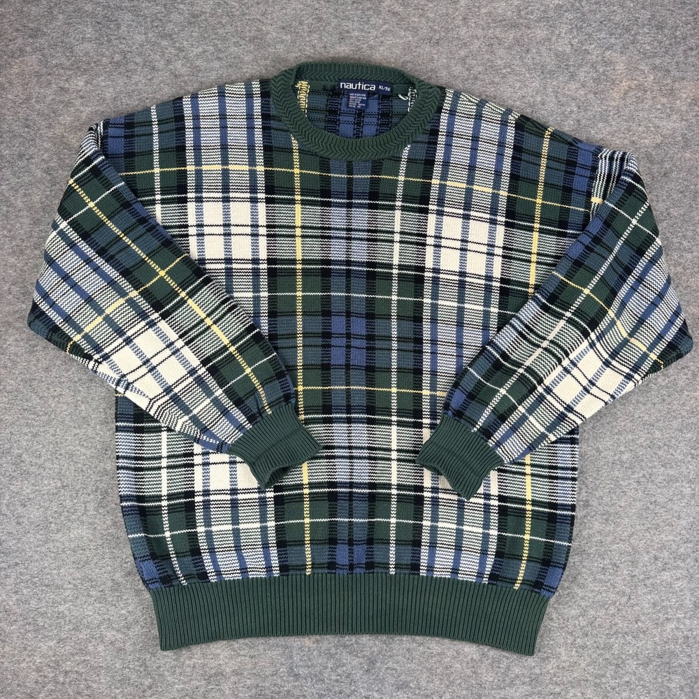 Vintage 90s Nautica Plaid Cotton Knit Crewneck Sweater Mens XL